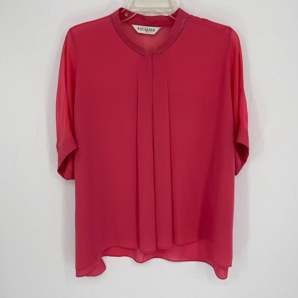 Escalier Women's Pink Rhinestone Beaded Pleated Chiffon Office Top Blouse Size M